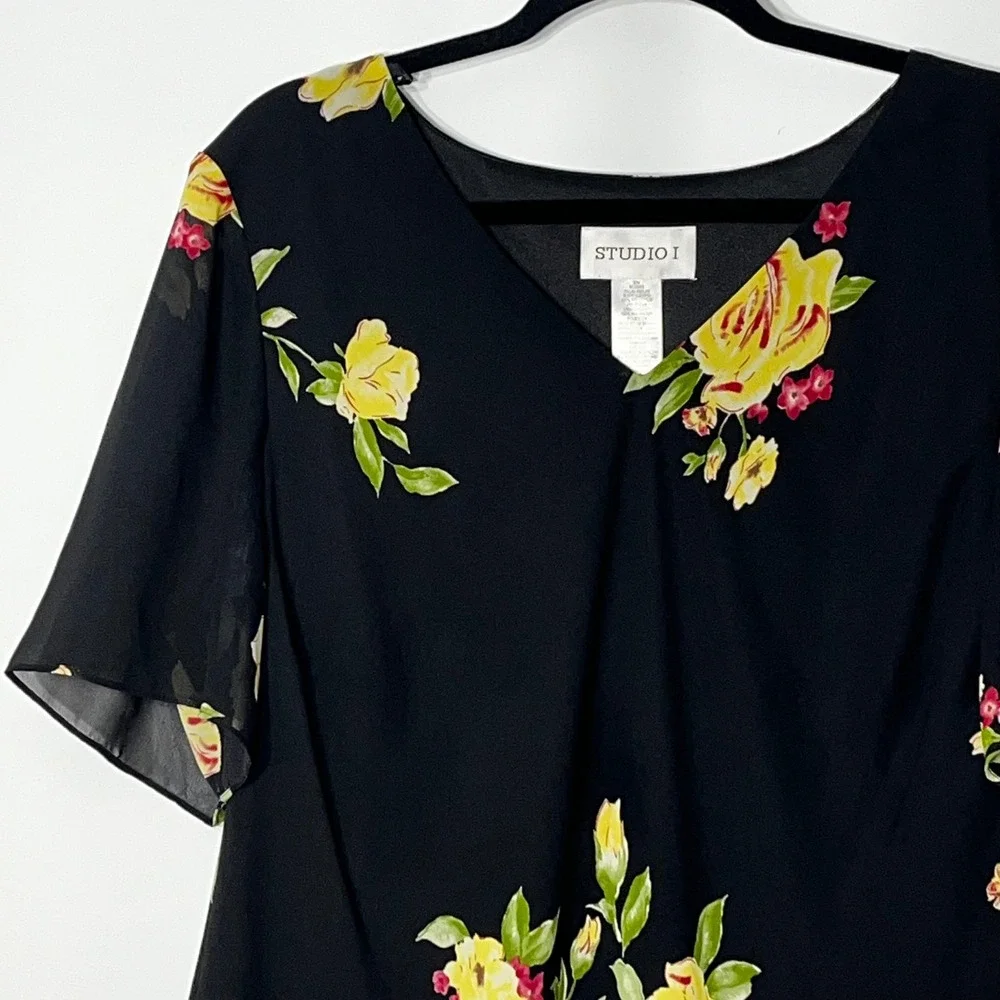 Studio I Womens 20W Black Floral 2 Piece Set Chiffon Top and Skirt Special Event